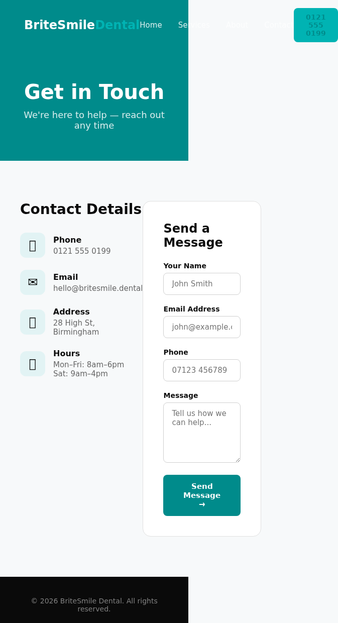 Concept Project: Dental Practice Website contact mobile