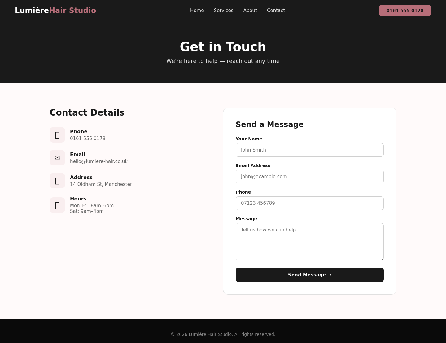 Concept Project: Hair Salon Website contact desktop