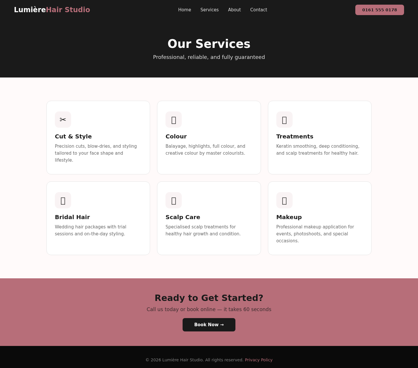 Concept Project: Hair Salon Website services desktop