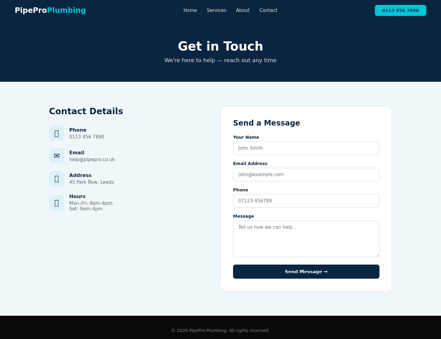 Concept Project: Plumber Website contact desktop