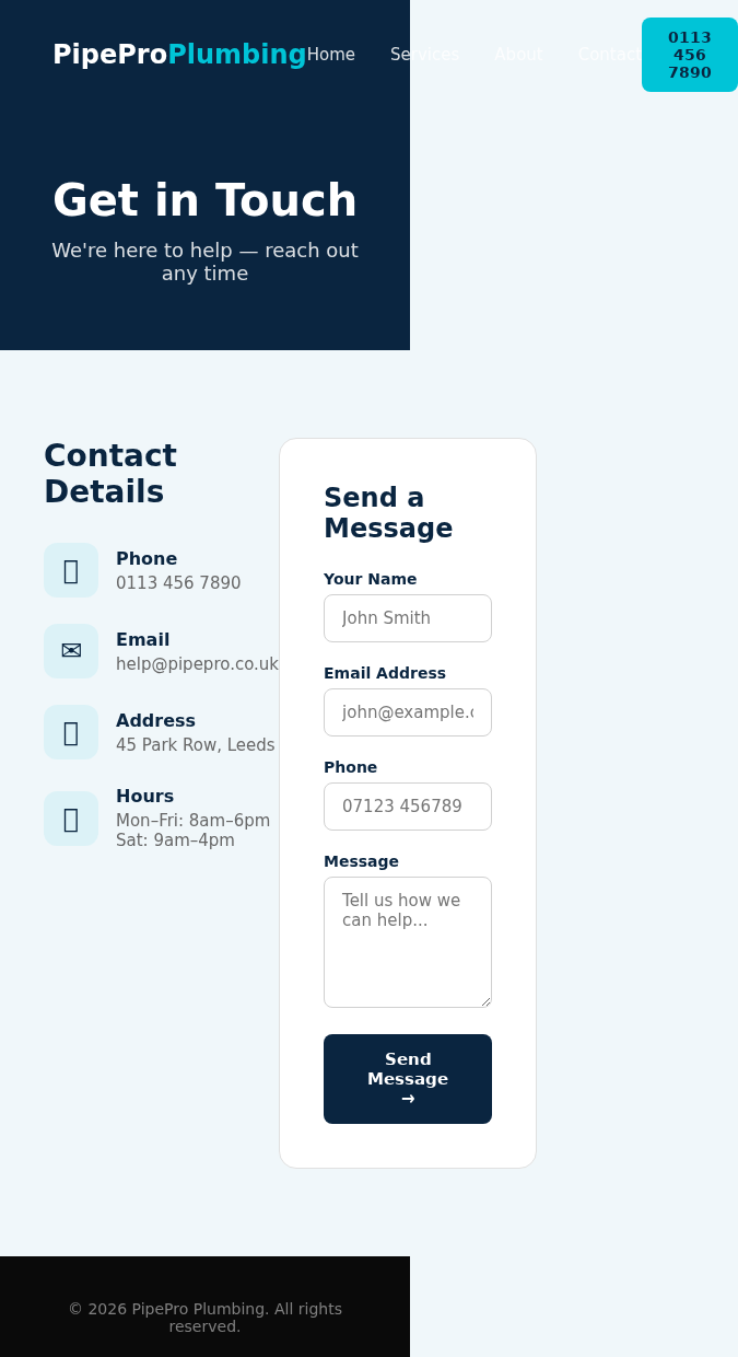 Concept Project: Plumber Website contact mobile