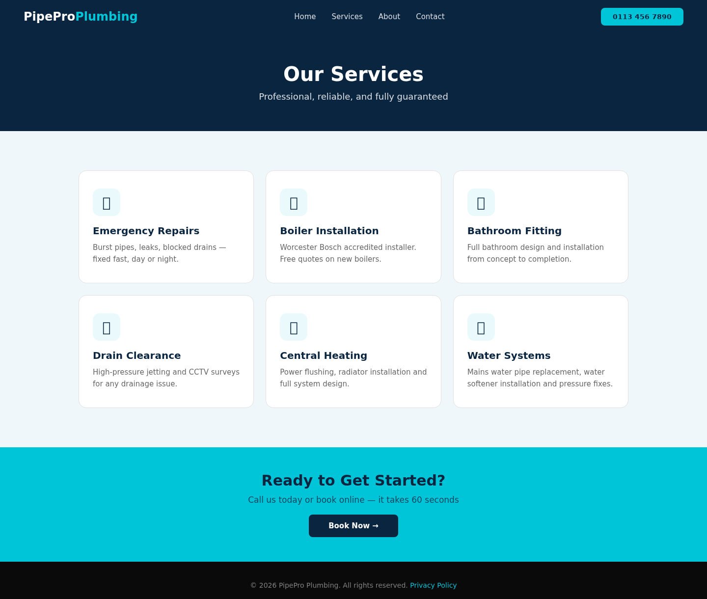 Concept Project: Plumber Website services desktop