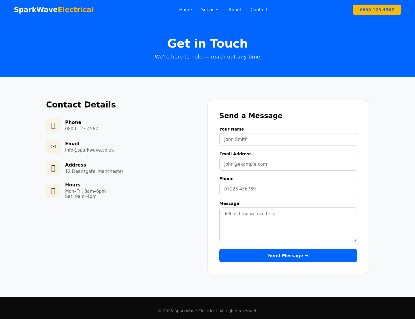 Concept Project: Electrician Website contact desktop