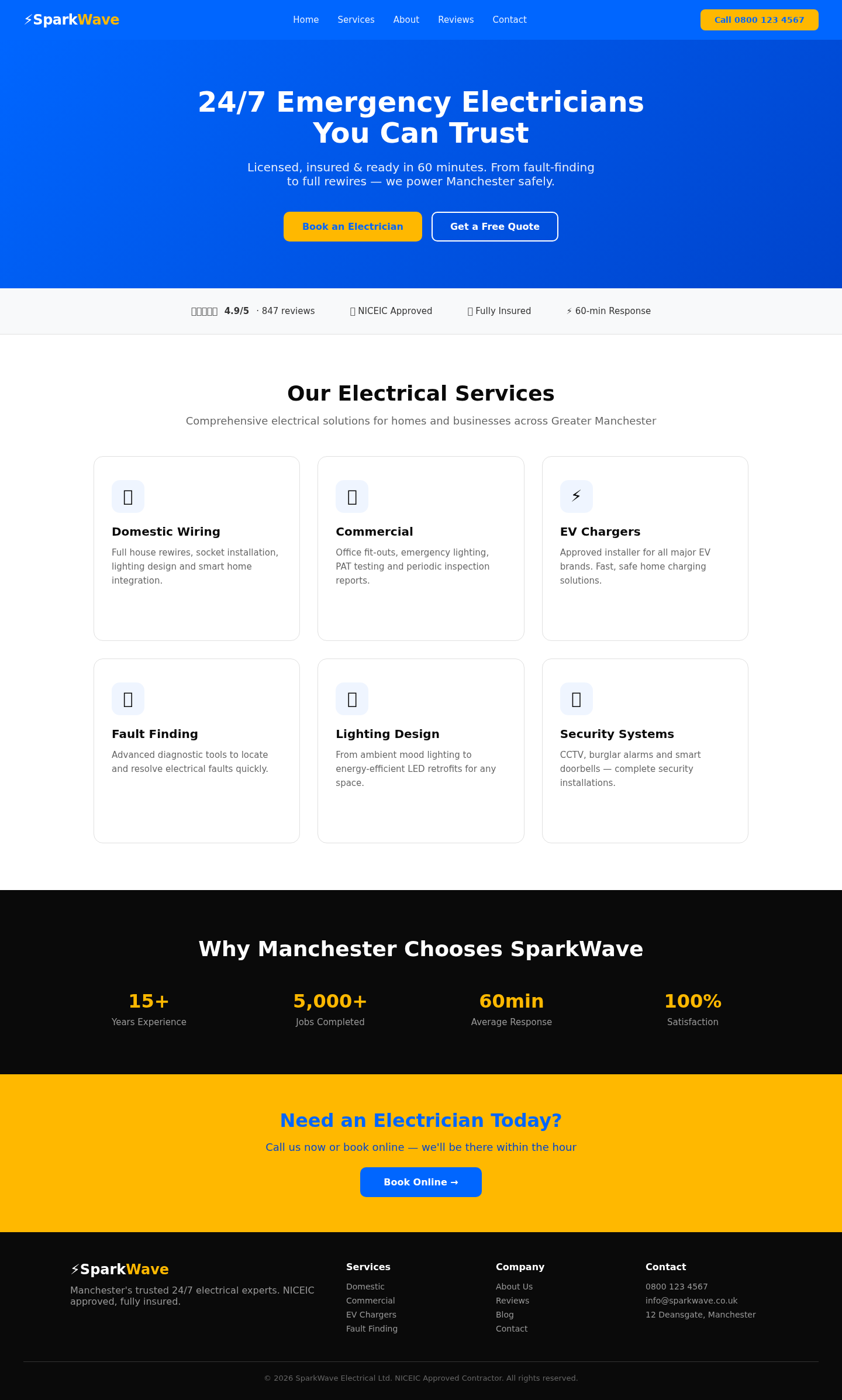 Concept Project: Electrician Website homepage desktop