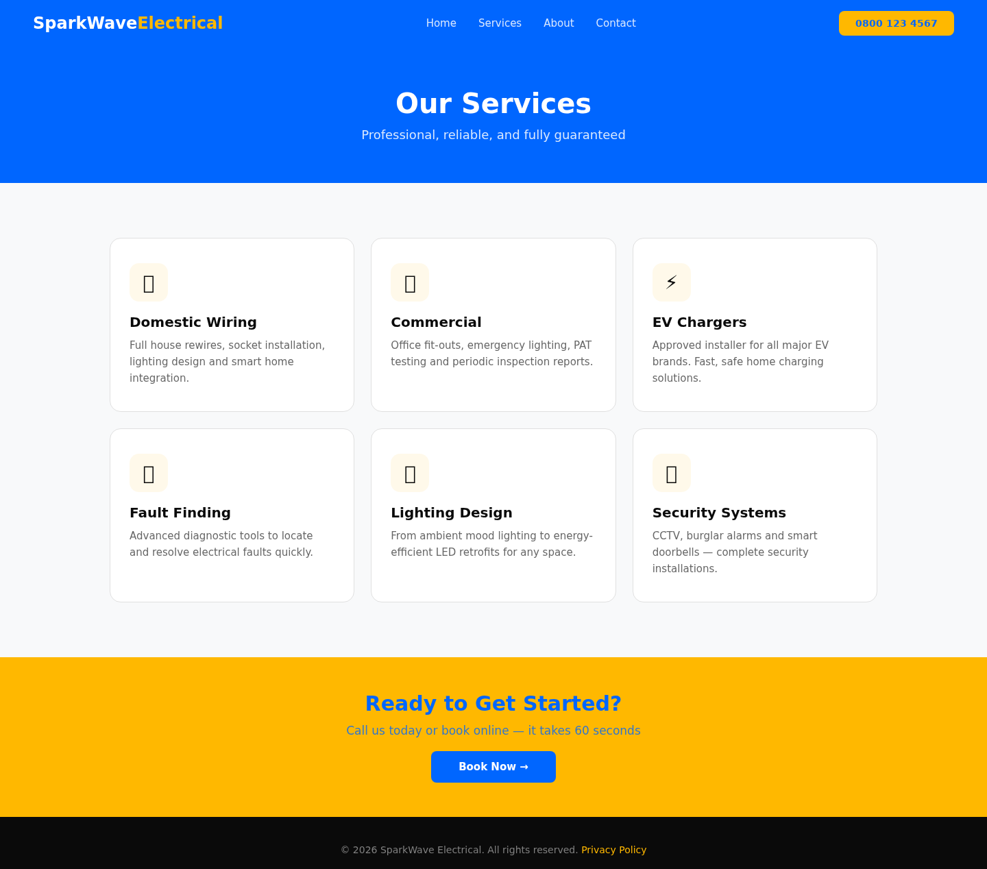 Concept Project: Electrician Website services desktop