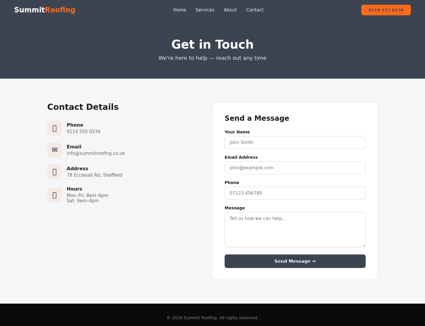 Concept Project: Roofing Contractor Website contact desktop