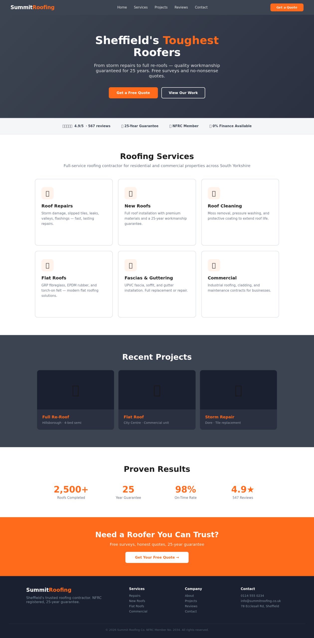Concept Project: Roofing Contractor Website homepage desktop